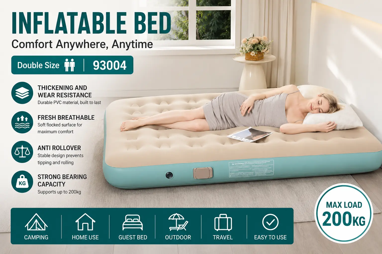 An inflatable bed set up in a cozy room, showcasing its comfort and convenience for sleeping