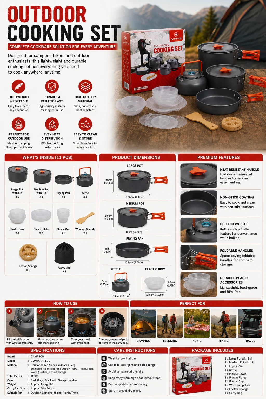 CAMPSOR Outdoor Camping Cooking Set – 11 Piece Lightweight Non-Stick Cookware Kit with Kettle - Image 2