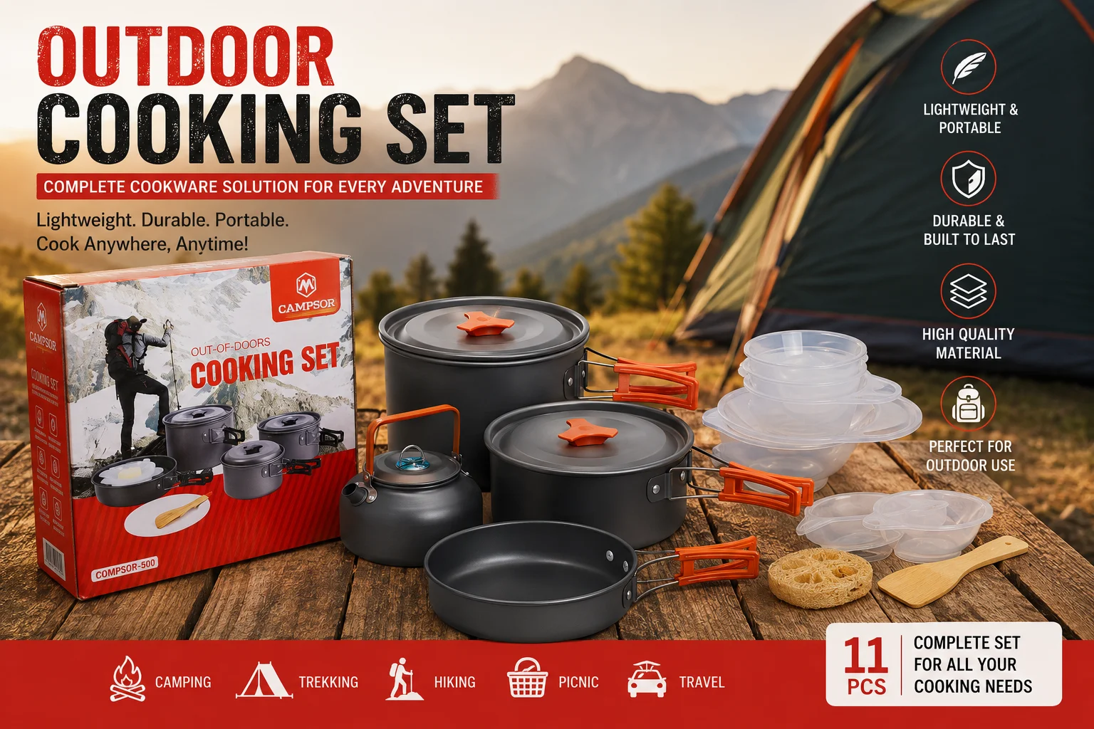 An outdoor cooking set displayed with various camping gear, including pots, utensils, and a portable stove.