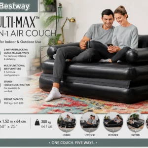 Bestway Multi-Max 3-in-1 air couch in a living room setting, showcasing its versatile design for seating and lounging.