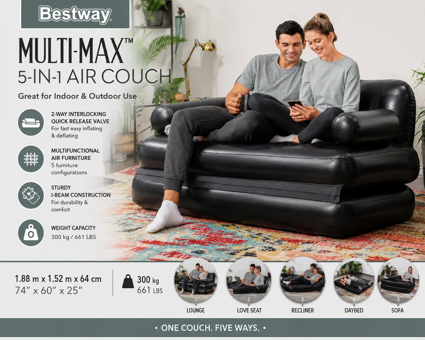 Bestway Multi-Max 3-in-1 air couch in a living room setting, showcasing its versatile design for seating and lounging.