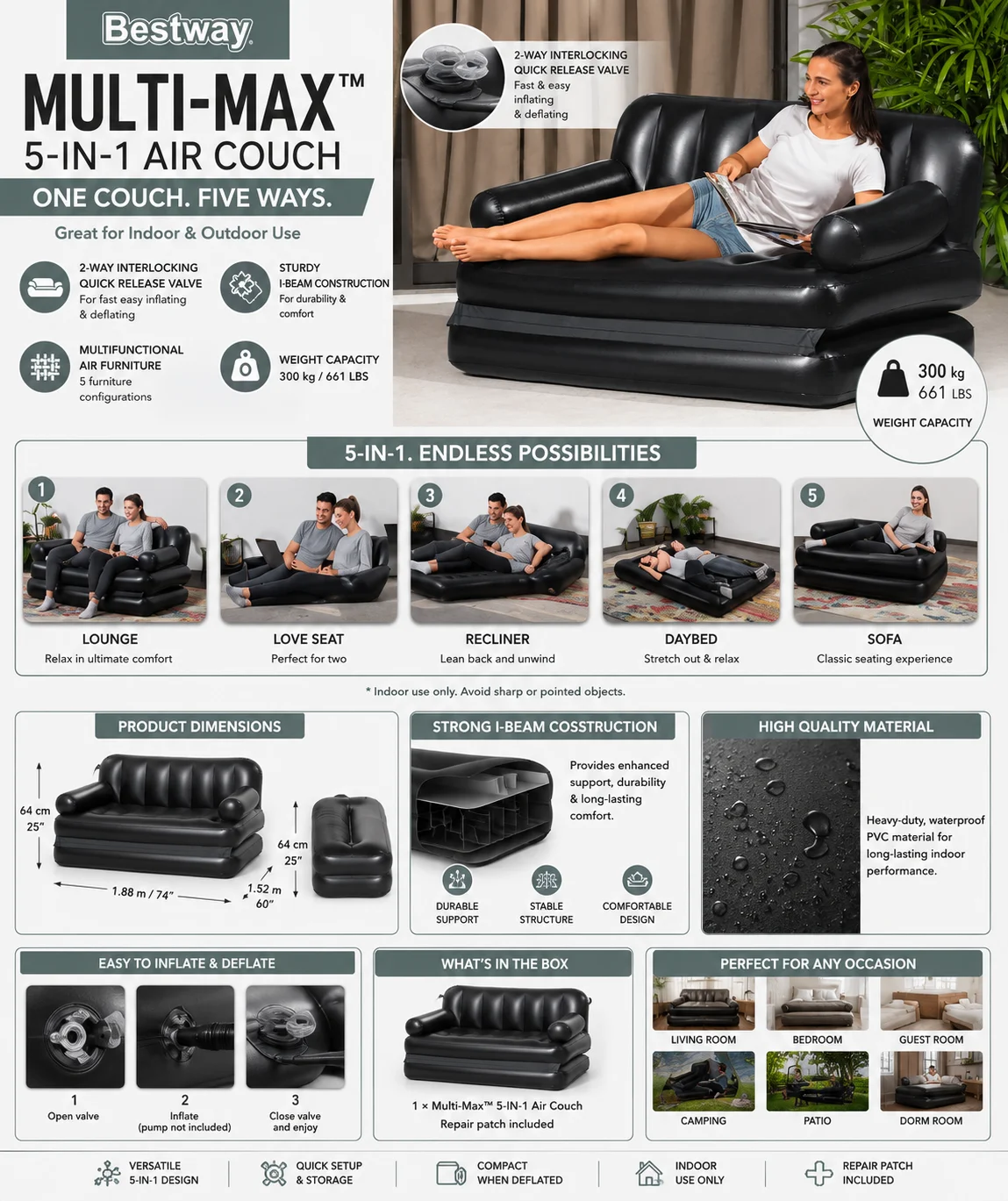 Bestway Multi-Max air couch in a living room setting, showcasing its inflatable design and comfortable seating.