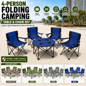 Four individuals assembling a camping table and chair set outdoors, showcasing teamwork and outdoor leisure activities.