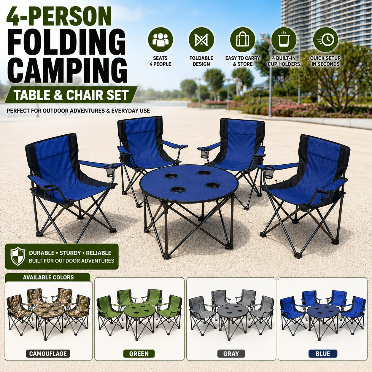 Four individuals assembling a camping table and chair set outdoors, showcasing teamwork and outdoor leisure activities.