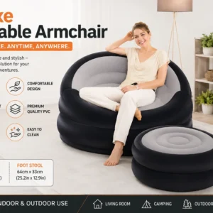 Inflatable armchair displayed for sale, showcasing its vibrant color and unique design in a retail setting.