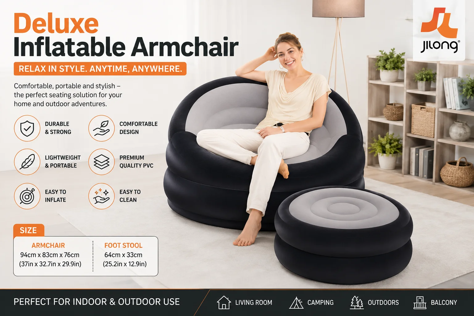 Inflatable armchair displayed for sale, showcasing its vibrant color and unique design in a retail setting.