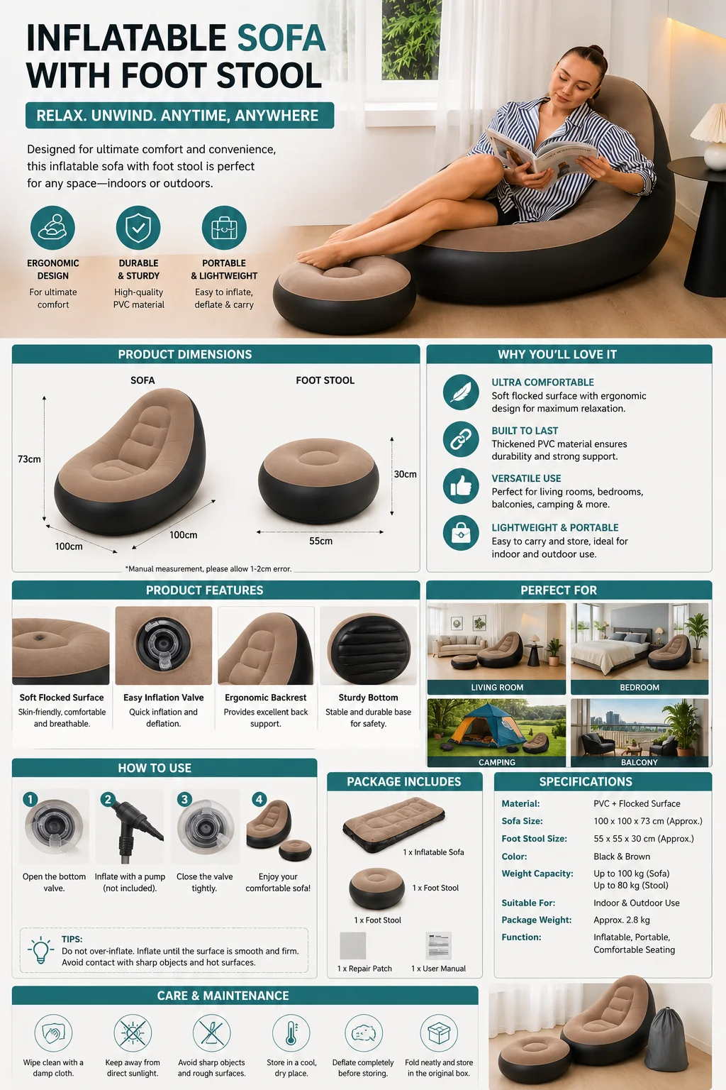 Inflatable Sofa Chair with Foot Stool | Comfortable Air Lounge Chair for Indoor & Outdoor Relaxation - Image 2