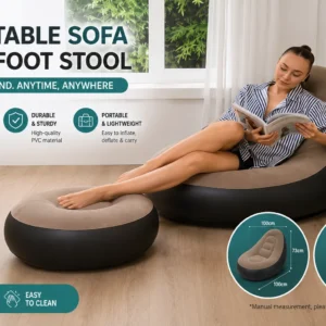 Inflatable sofa with foot stool, designed for relaxation, showcasing a comfortable and casual seating arrangement.