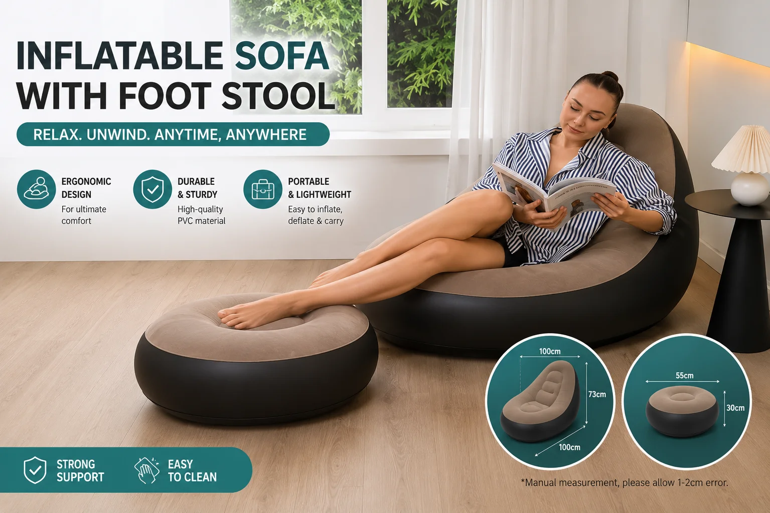 Inflatable sofa with foot stool, designed for relaxation, showcasing a comfortable and casual seating arrangement.