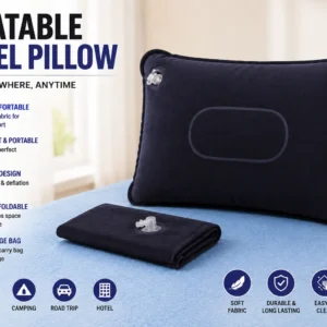 Inflatable travel pillow displayed with the text travel pillow prominently featured.