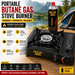 Nooka portable butane gas stove burner, compact design with a single burner and adjustable flame control for outdoor cooking.