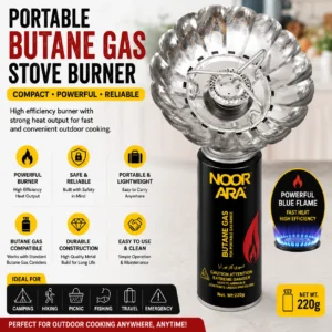 Nooka portable butane gas stove burner, compact design with a single burner and adjustable flame control for outdoor cooking.