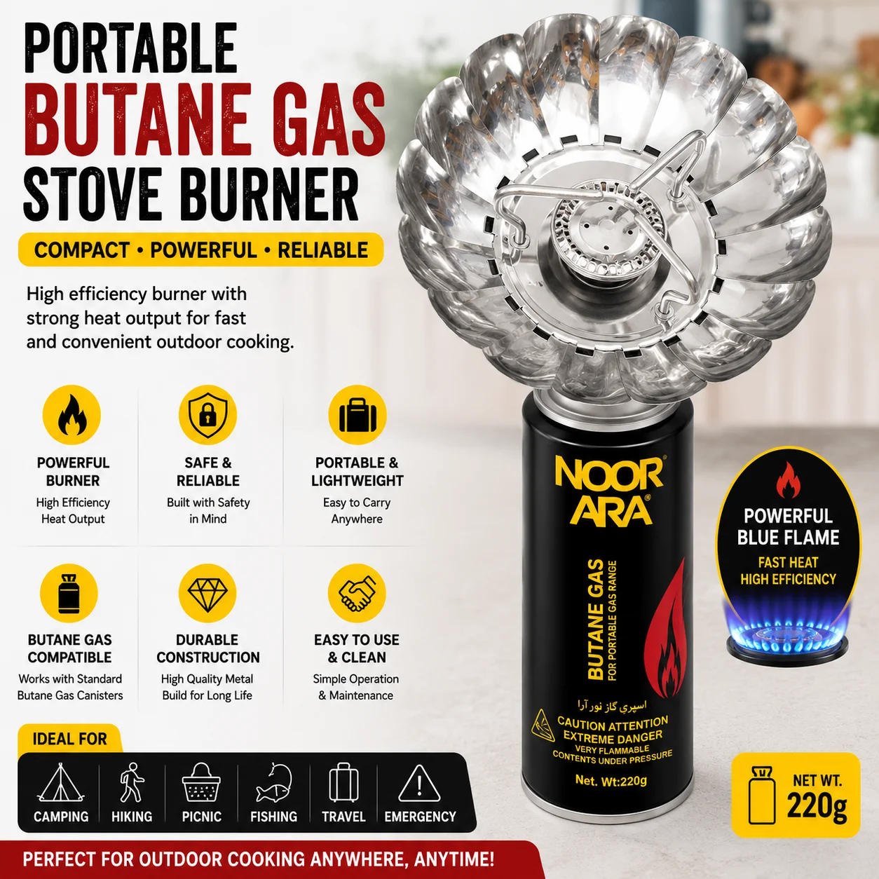 Nooka portable butane gas stove burner, compact design with a single burner and adjustable flame control for outdoor cooking.