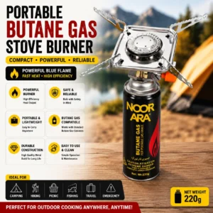 Portable butane gas stove burner by Noora, designed for outdoor cooking with a compact and lightweight structure.