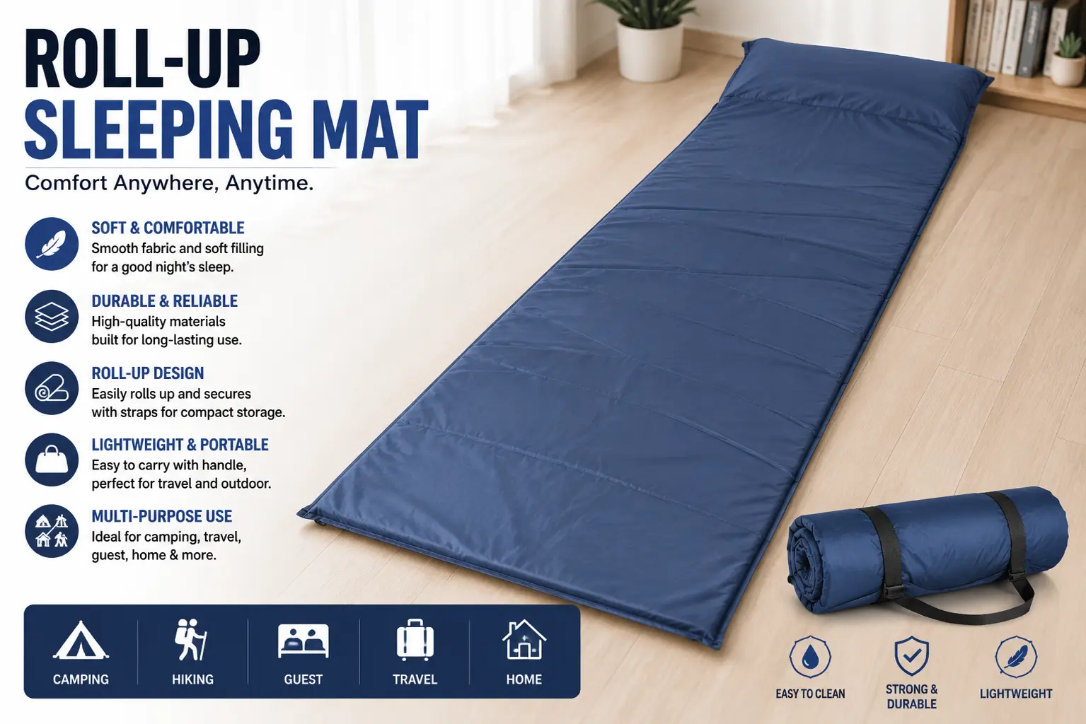 Roll-up sleeping mat displayed with the text roll - up sleeping mat prominently featured.