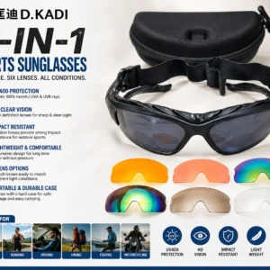Six interchangeable lenses for versatile sports sunglasses, designed for various outdoor activities and conditions.