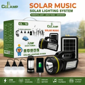 Solar music lighting system displayed in front of a box, showcasing its design and functionality.