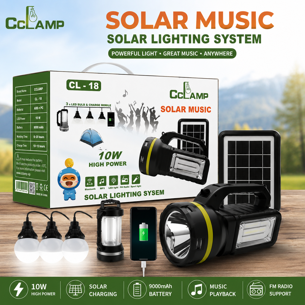 A solar music system featuring lights and various accessories, showcasing its eco-friendly design and functionality.