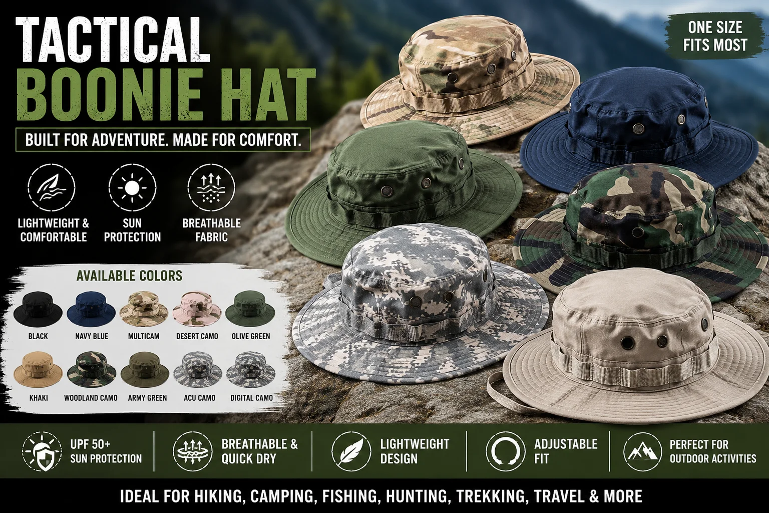 Tactical Boone hat displayed in various colors, showcasing its versatile design and style options.