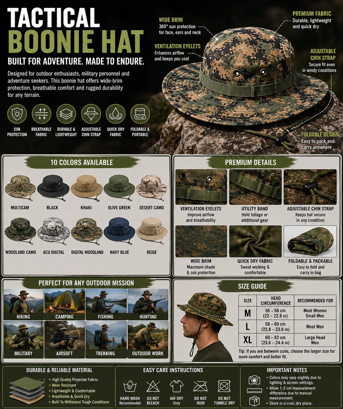 Tactical Military Boonie Hat – Wide Brim Outdoor Sun Protection Bucket Hat - Image 2