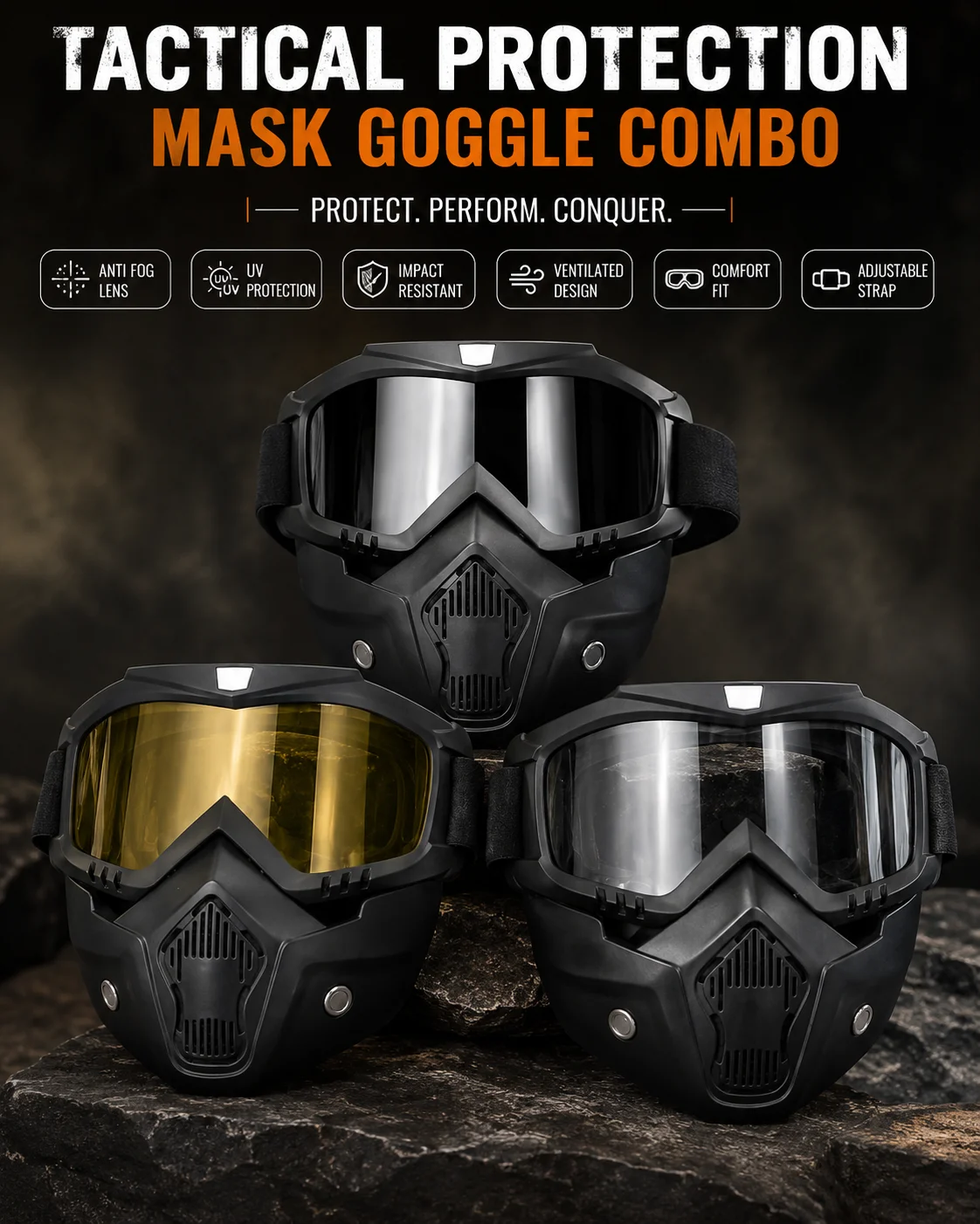 Tactical protection mask and goggle combo designed for enhanced safety and visibility in various environments.