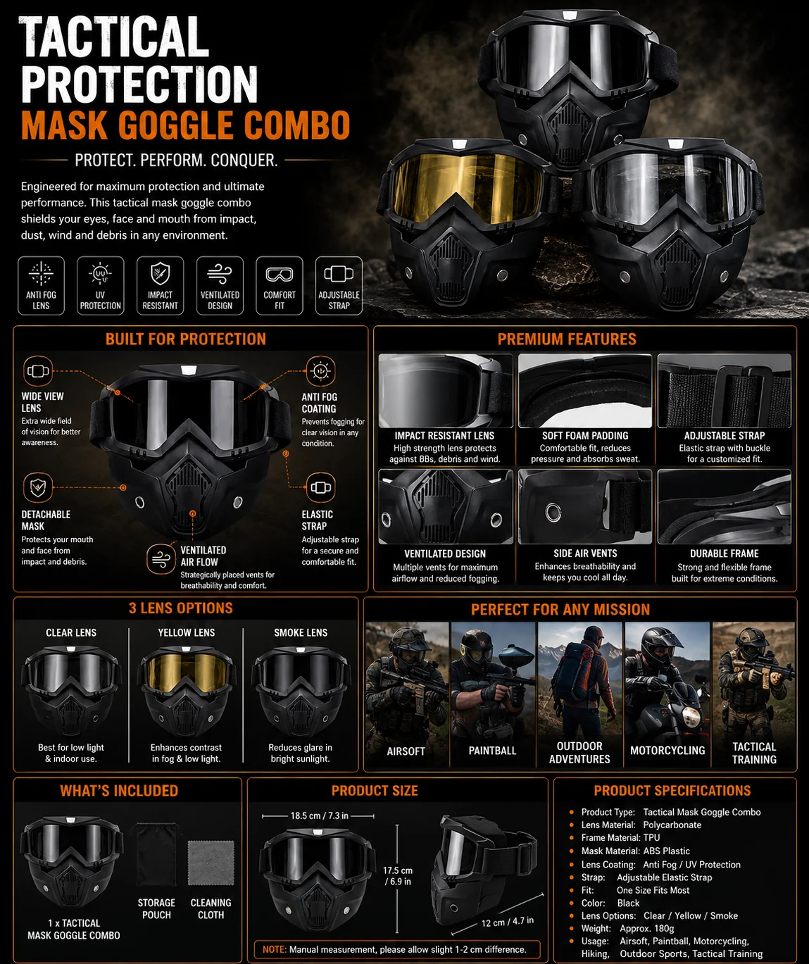 Tactical Airsoft Mask & Protective Goggles Combo – Full Face Safety Mask with Anti-Fog Lens for Airsoft, Paintball, Motorcycling & Outdoor Sports - Image 2